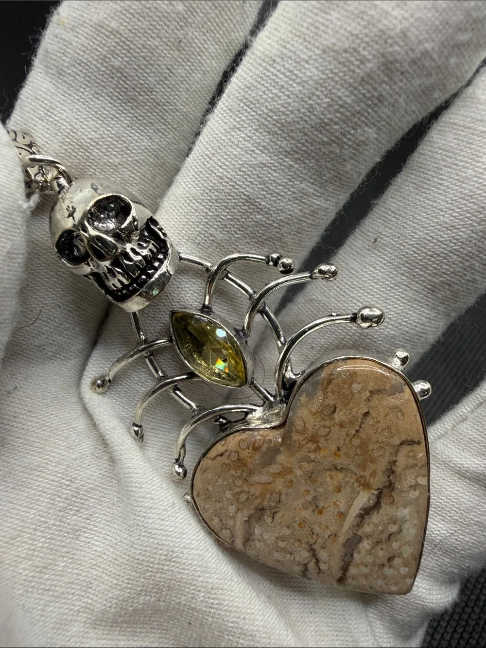 Sterling Silver Skull & Heart Pendant with Jasper and Citrine3.10”